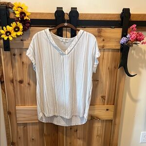 Flower & Feather  White and Tan Striped V-Neck Blouse